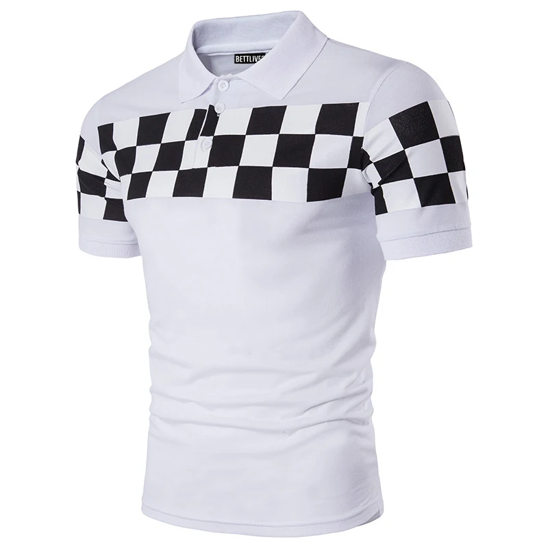 Summer Men's Lattice Printed Stand Collar Polo Shirt Short