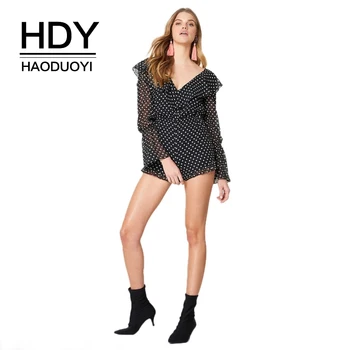

HDY Haoduoyi Women Dot Print Ruffles Backless Short Jumpsuits Sexy V Neck Tie Back Long Sleeve High Waist Romper Jumpsuits