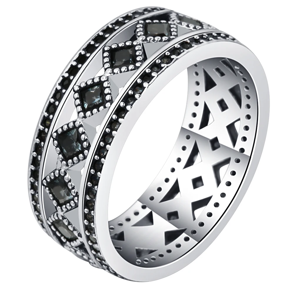 

UFOORO Vintage Gothic Checkered hollow black ring For Women Stackable Ring Mystic Charm Enamel Silver Filled Jewelry