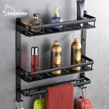 

AUSWIND Antique No holes black space aluminum shelf bathroom American towel rack bathroom pendant multi layer double rod hook