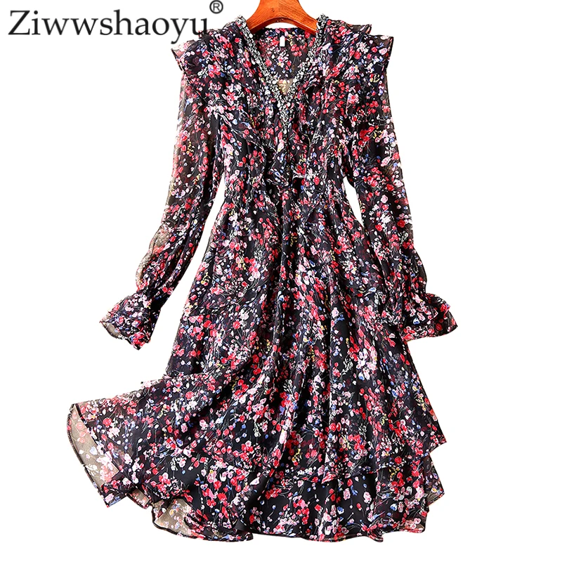 

Ziwwshaoyu Elegant French dresses Vintage Ruffles Diamonds Flare Sleeve Slim V-Neck dress Spring and summer new women