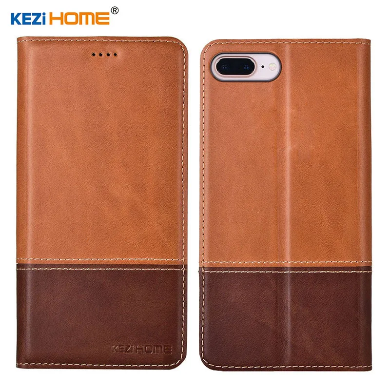 

Case for iphone 7 8 Plus KEZiHOME Double Colors Genuine Leather Flip wallet Cover for iphone 7 Plus/ 8 Plus Phone cases