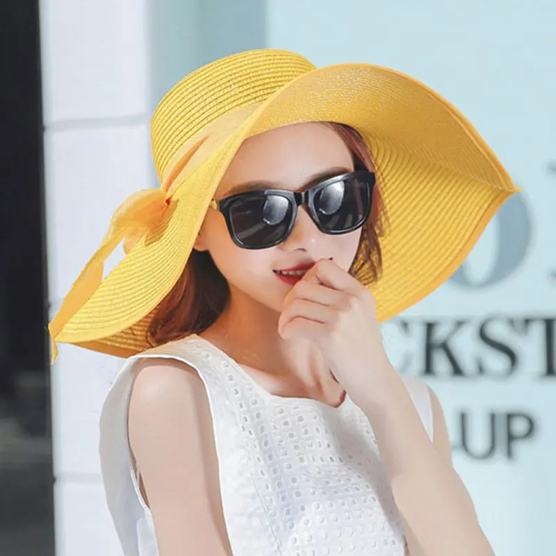 Горячая Распродажа, летние солнцезащитные шляпы для женщин с большими полями, с лентами, с бантом, шапочка для пляжа, Женская Солнцезащитная шляпа с защитой от ультрафиолета, Chapeu Feminino - Цвет: yellow