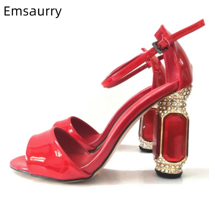 

New Summer Red Diamond Heel Sandals Women Patent Leather Open Toe Cover Heel Jewelled Heel Rhinestone High Heel Sandalias Mujer