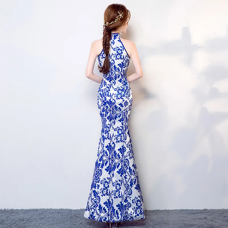 Cheongsam синий и белый фарфор Длинные рыбий хвост Для женщин Qipao платье Slim китайское традиционное платье Платья для вечеринок конферансье