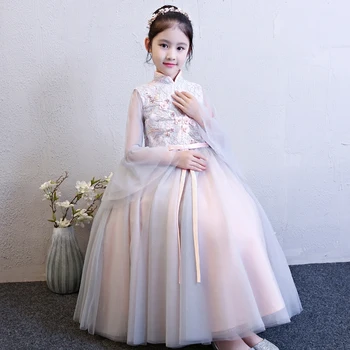 

Hot-Sale Elegant Children Girls Flowers Princess Birthday Evening Party Ball Gown Mesh Dress Kids Luxury Piano Performance Dress