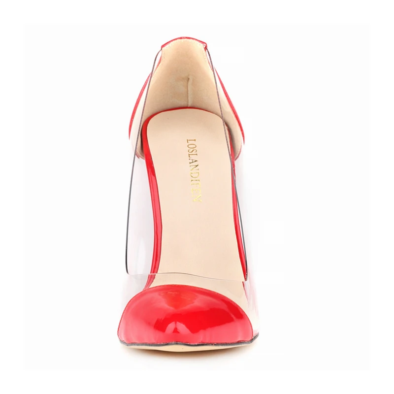 Женские туфли-лодочки на высоком каблуке с красной подошвой по индивидуальному заказу; пикантные женские вечерние туфли из лакированной кожи с острым носком и прозрачной прострочкой; NLK-A0047