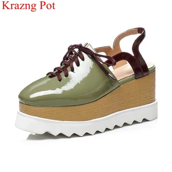 

brand patent leather lace up back strap high heels wedge women sandals elegant square toe solid vacation casual summer shoes L02