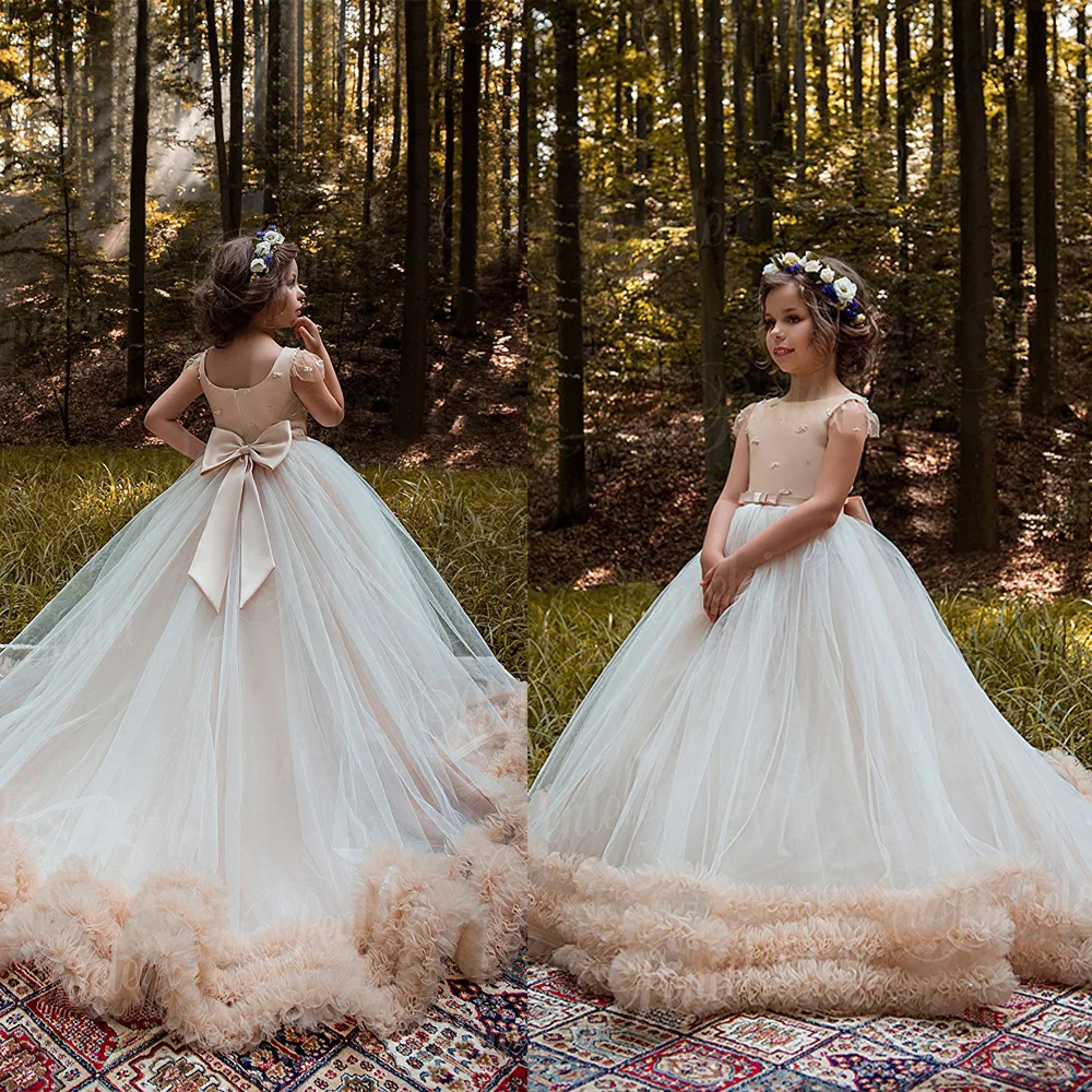 

Ball Gowns Flower Girl Dresses For Weddings Lace Beading First Communion Dresses Girls Pageant Dress Cap Sleeve Long Girl Dress