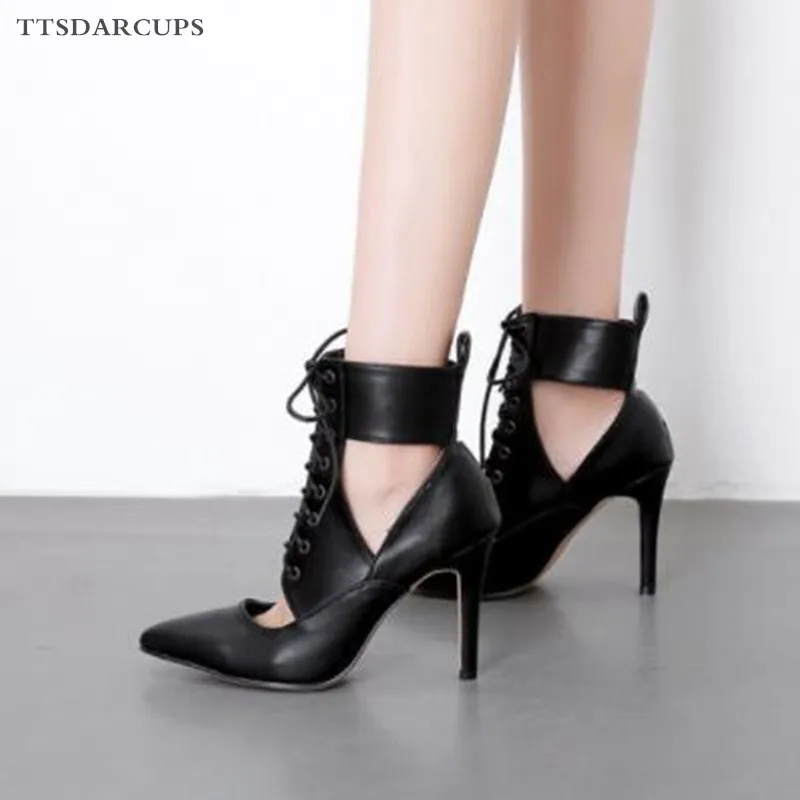 

New autumn winter women's shoes Hollow high heel Super heel 9CM Pointy sexy nightclub Motorcycle boots 35-40 yards cross straps