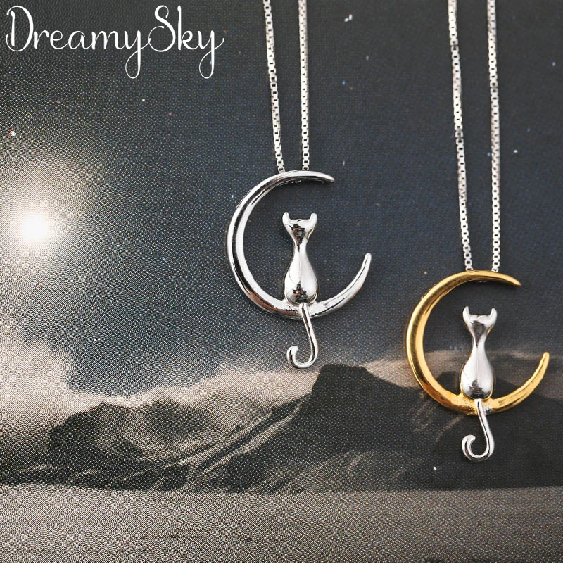 DreamySky Настоящее серебро 925 проба Moon Cat длинное ожерелье s для женщин ювелирные изделия чистое серебро Kitty колье ожерелье Коле ожерелье