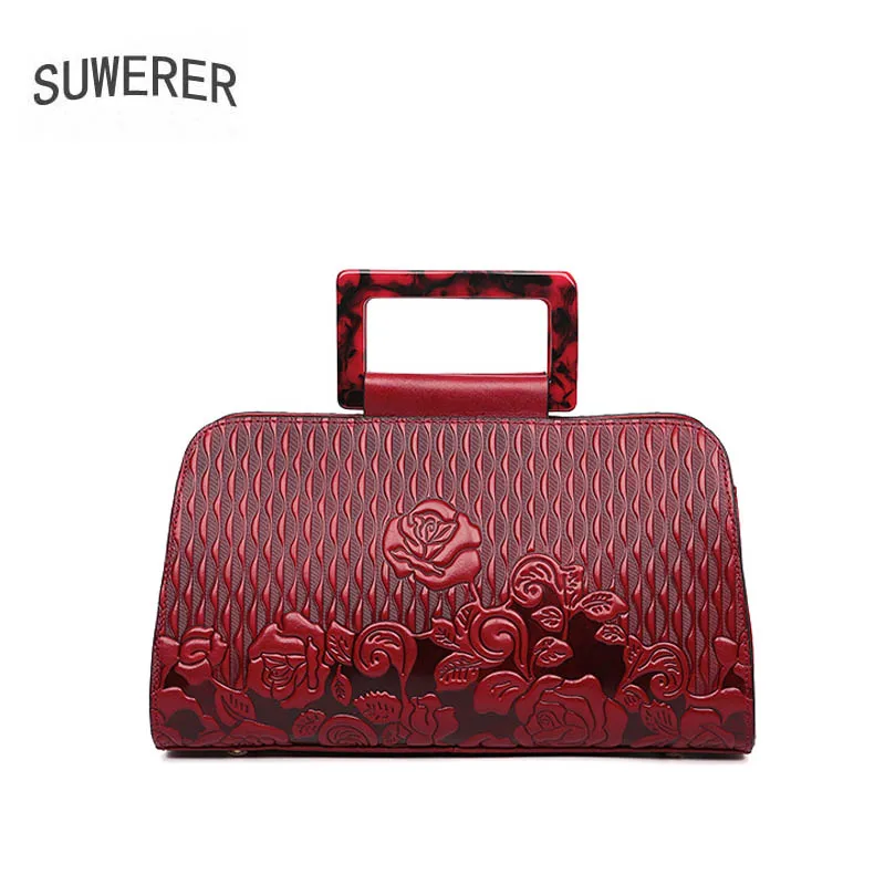 

SUWERER 2019 new Genuine Leather women bags Fashion Embossed Flowers luxury handbags women bags designer women leather handbags