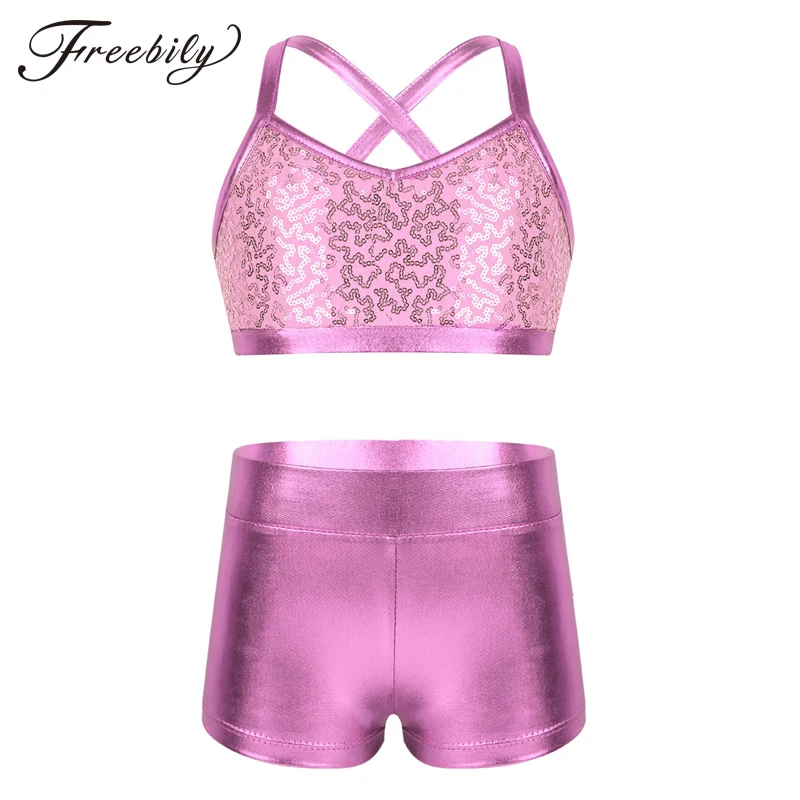 

Teen Girls Shiny Sequin Gymnastics Shorts Crop Top Ballet Leotard Dance Set Kids Sports Tankini Stage Dance Costume Set
