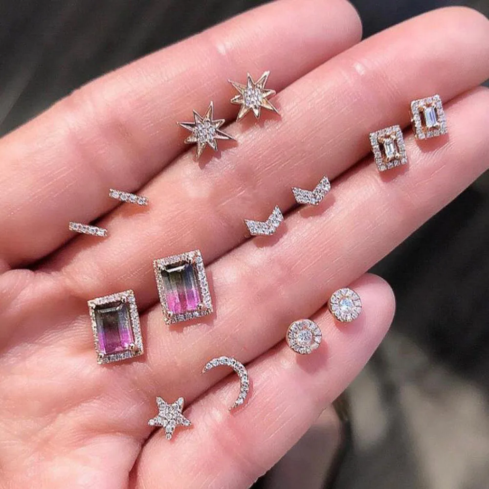 

Fashion Personality Design Colourful Geometric Stud Earrings Sets for Women Simple Star Moon Female Metal Ear Jewelry Gift
