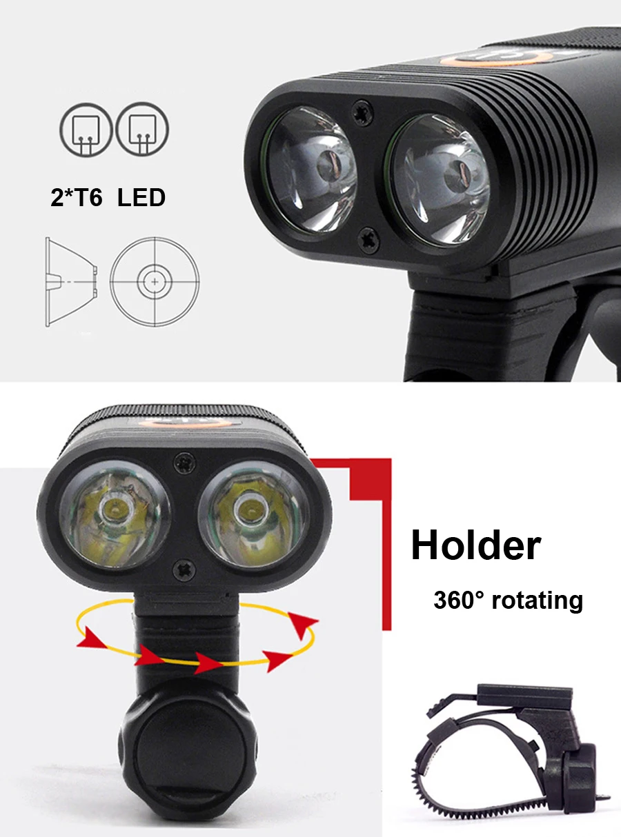 2000 мАч 800 Люмен USB фонарик для велосипеда двойной T6 СВЕТОДИОДНЫЙ Фонарь велосипедный фонарь водонепроницаемый фонарик для велосипедной лампы