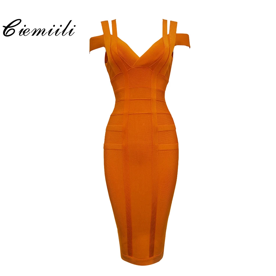 Vestidos sem Mangas Meados de Bezerro com Decote em v Ciemiili Spaghetti Strap Sólido Mulheres Bandagem Noite Clube Moda Feminina Vestidos 2020