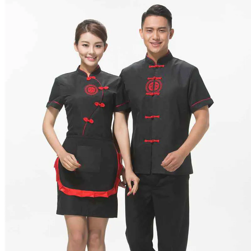 

Free Shipping Hotpot Restaurant Workwear Chinese Traditional Style Red Waiter Uniform With Apron Cheap Purple Waitress Shirt