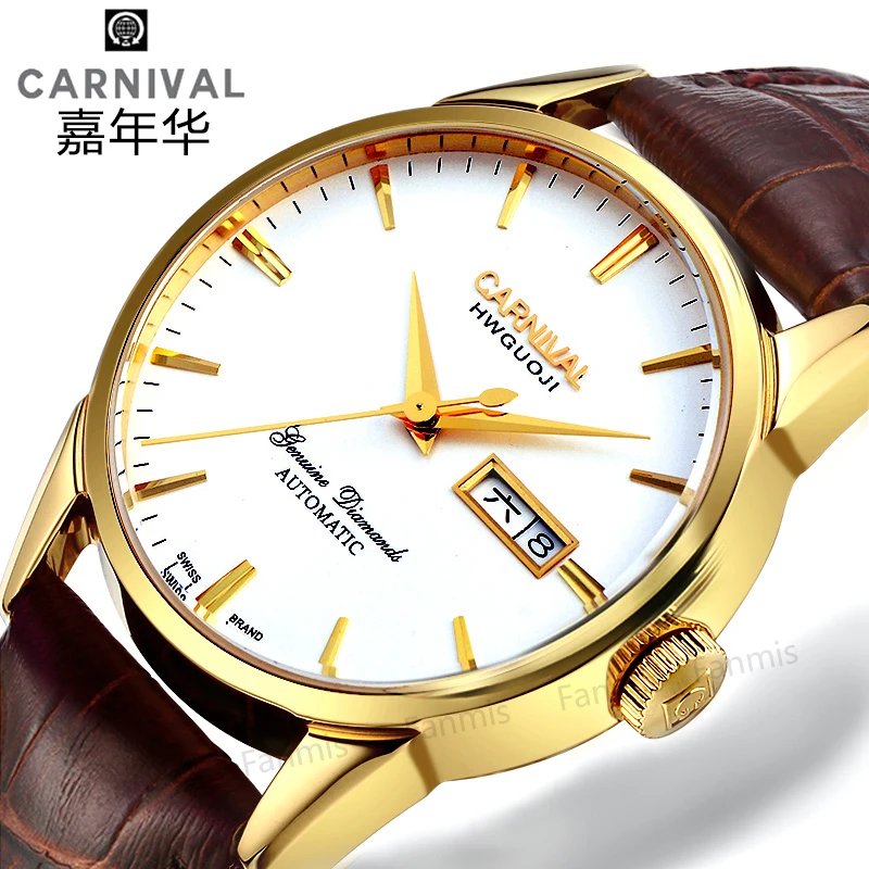 

Carnival Mechanial Men's Watch Dual calendar Leather Strap Luminescence Miyota 25 Jewels Wristwatch Reloj Hombre