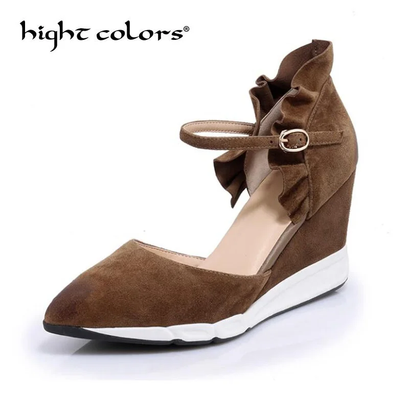 

Women Pumps Summer Genuine Leather Wedge Heels Pointed Toe Women's Sandals Ruffles Ankle Strap 8CM Woman Shoes High Heels