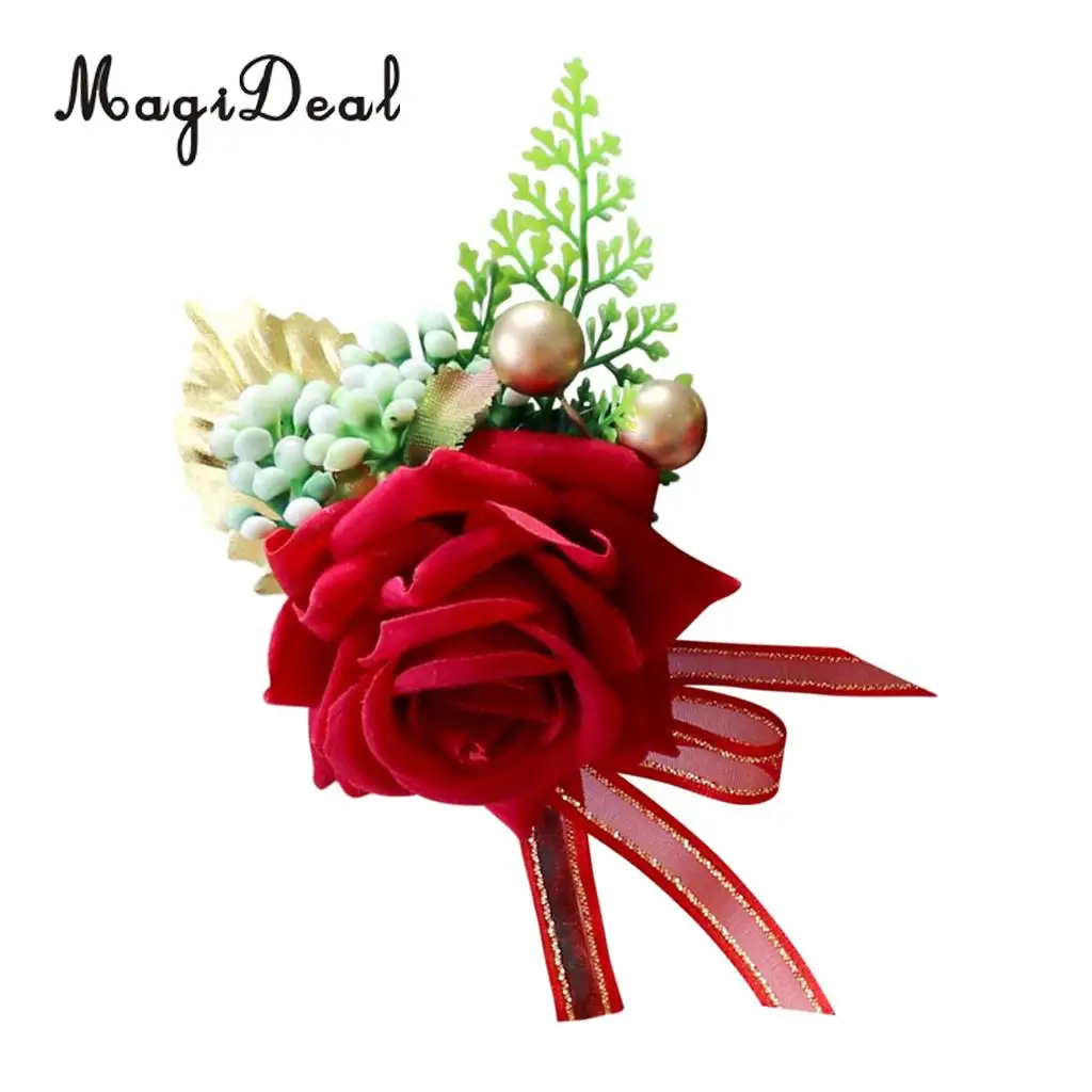 Romantic Artificial Rose Flower Pearls Wedding Corsage Boutonniere for Bridal Groom Fancy Dress