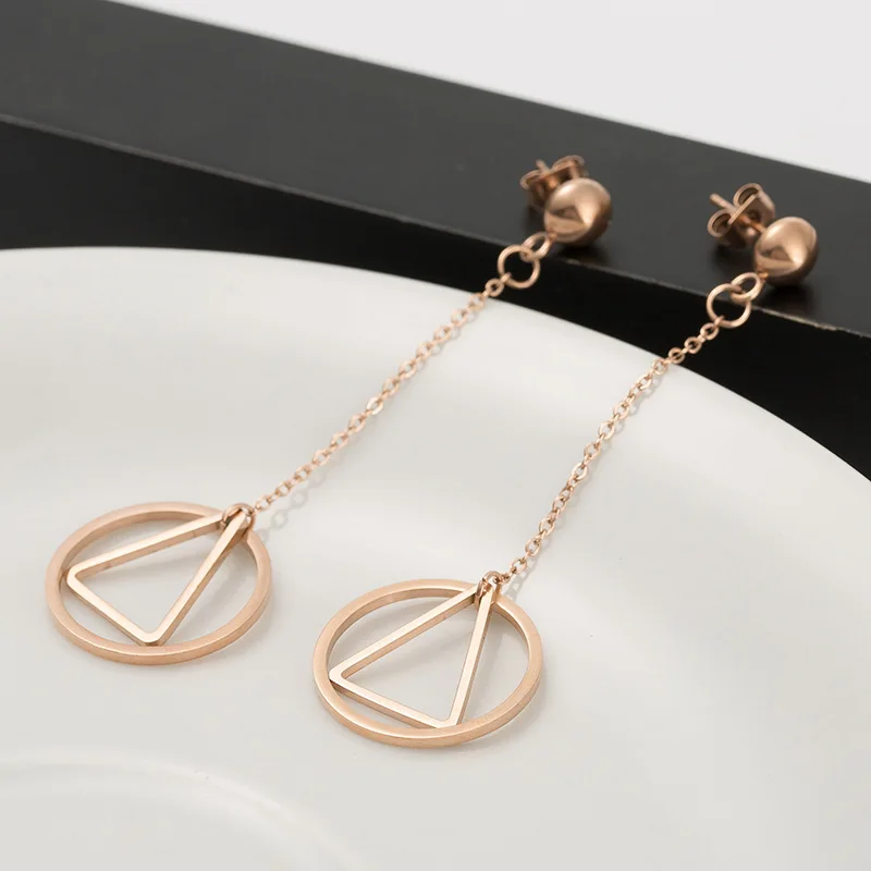 

Geometric Long Circle And Triangle Asymmetric Earrings For Women, Fashion Stainless Steel Drop Earrings Jewellery