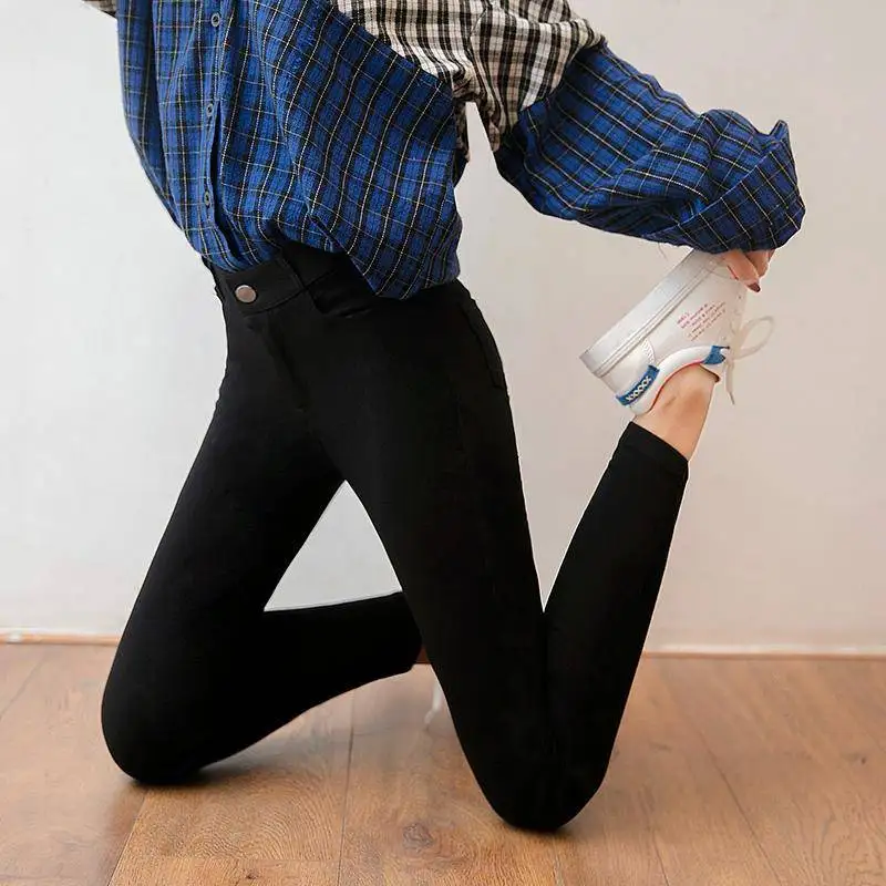 

2019 Spring Women's Black Stretch Pants Pencil Trousers Button Female Trousers Ladies Jean Solid Colors Female Pants Plus Size