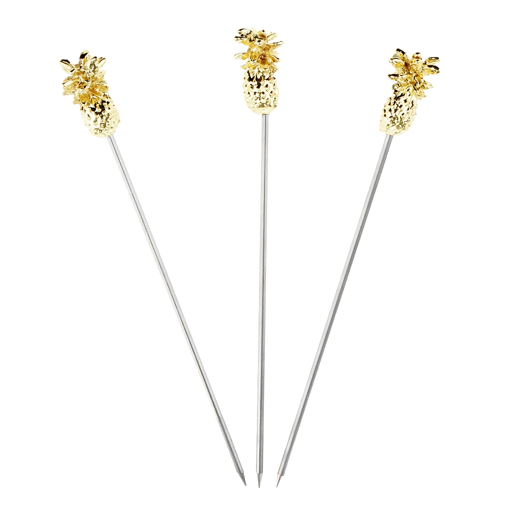 3PCS Stainless Steel Swizzle Sticks Fruit Pineapple Stick Cocktail Pick for Kitchen Bar Accessory Rose Gold