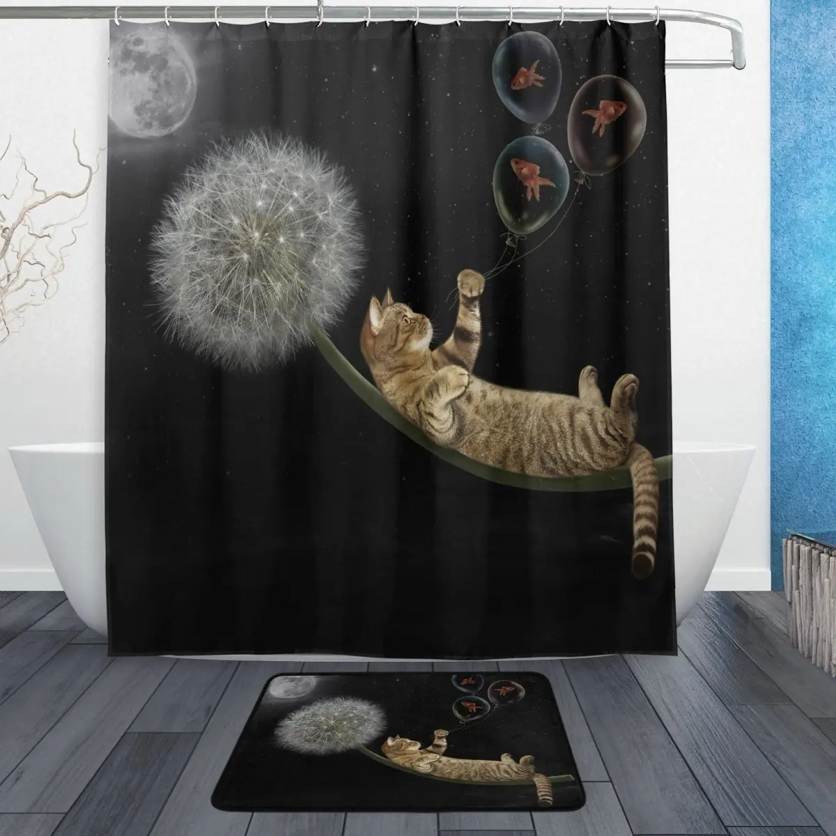 Cute Animal Cat Kitten Shower Curtain and Mat Set, Flower Dandelion