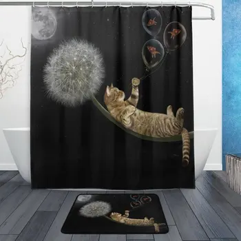 

Cute Animal Cat Kitten Shower Curtain and Mat Set, Flower Dandelion Fish Koi Waterproof Fabric Bathroom Curtain