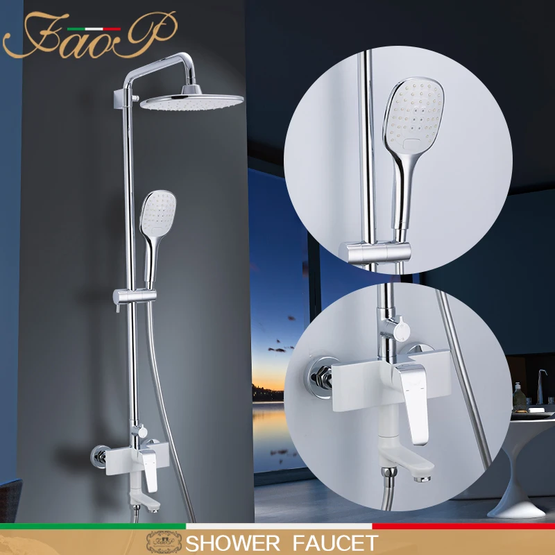 FAOP shower system white bathroom shower set waterfall rainfall shower heads brass shower panel bathroom mixer faucets