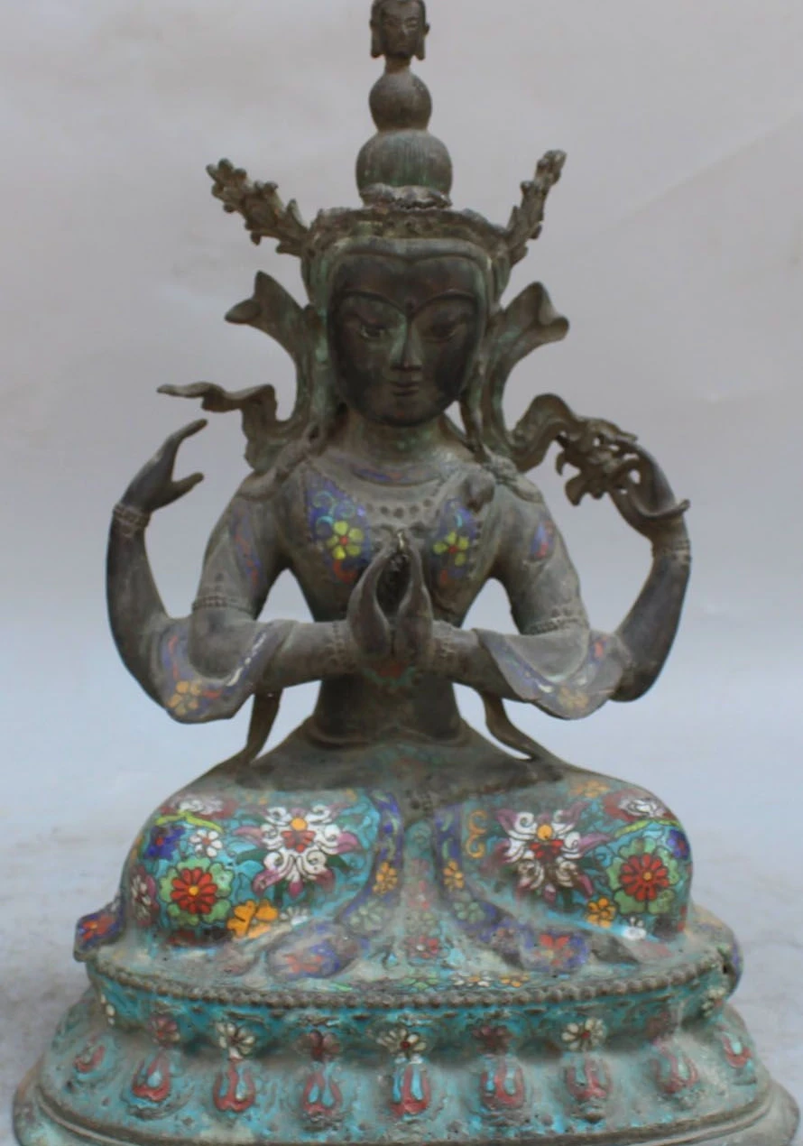 

15" Old Tibet Buddhism Old Bronze Cloisonne 4 arms Chenrezig Buddha Statue