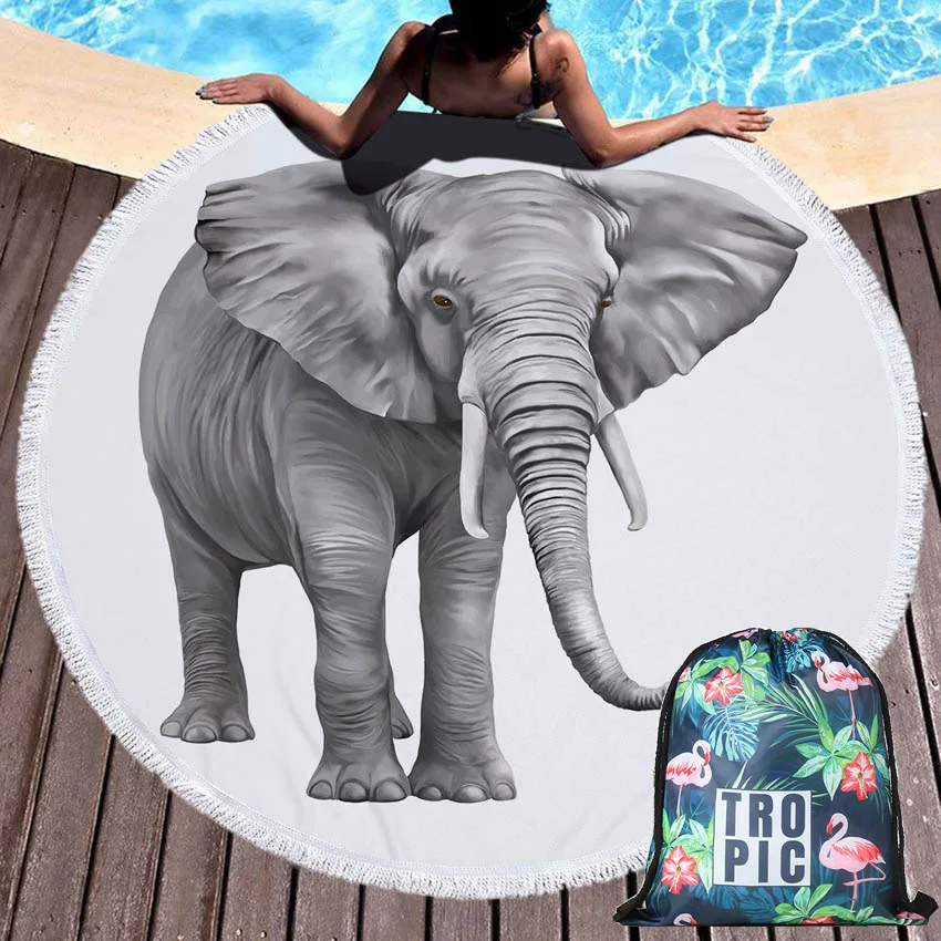

Elephant Summer Round Beach Towel Microfiber with Drawstring Backpack Bag Shower Towels Yoga Mat Blanket with Tassels Strandtuch