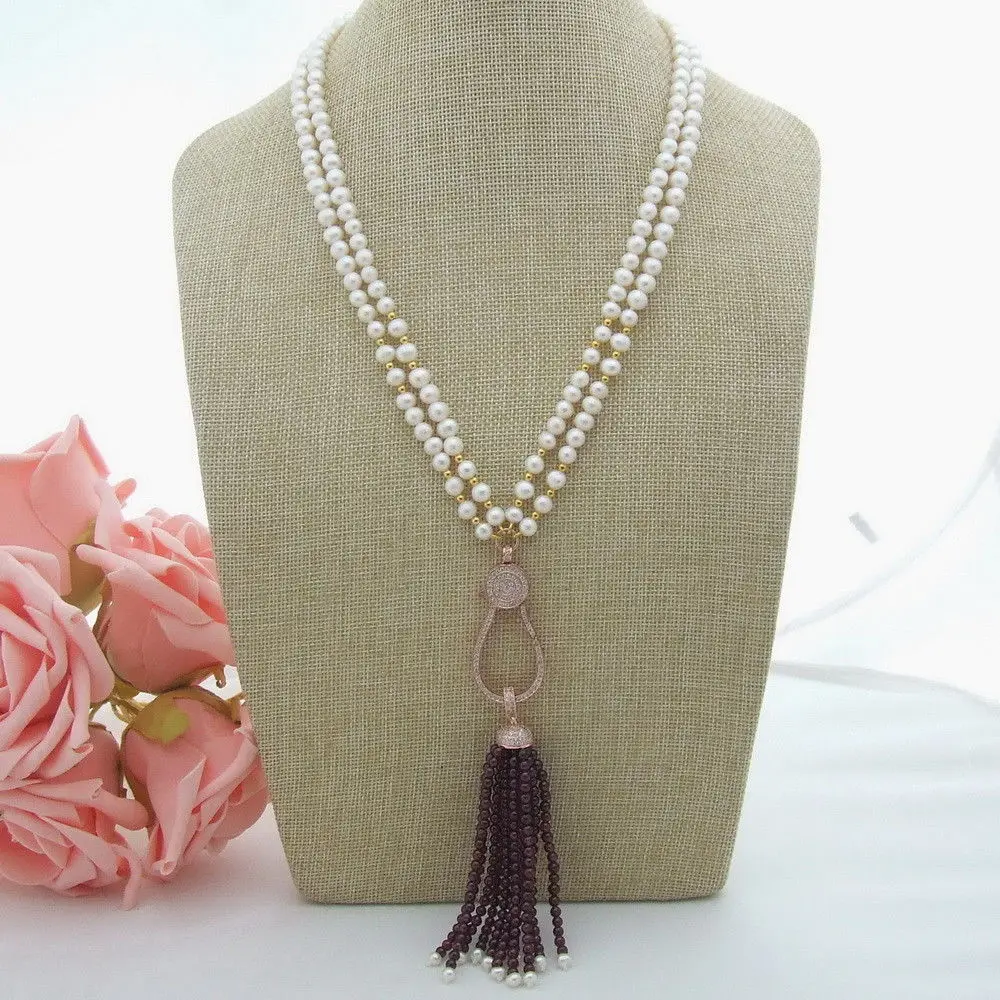 

AB061704 22" 2 Strands White Pearl Round Garnet Necklace CZ Pendant