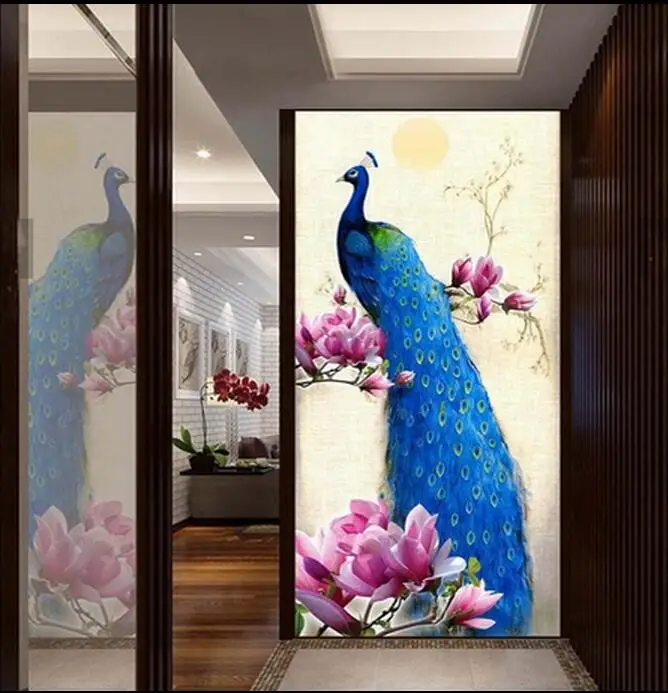 Modern Peacock Flower Hallway Wallpaper 3D Embossed Oil Canvas Wall