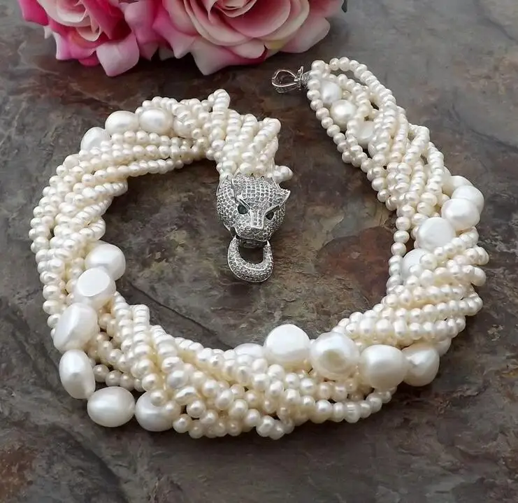 

beautiful 8row white Pearl Necklace Cz Pave Leopard head Clasp