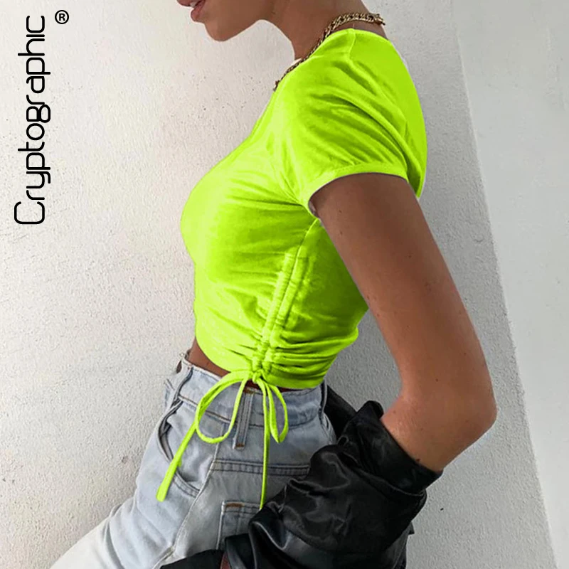

Cryptographic Neon Green Ruched Drawstring Casual Slim T-Shirts for Women Short Sleeve Cropped Tops Tee Summer Top Streetwear