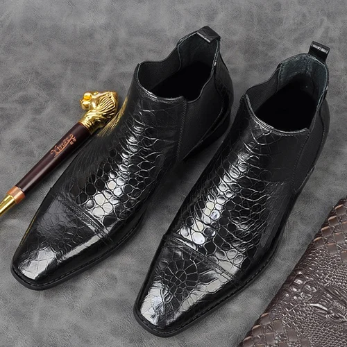 Новинка; итальянская официальная обувь из натуральной кожи; мужские Ботильоны «Челси»; мужская Ковбойская обувь для верховой езды с квадратным носком ручной работы в стиле «Аллигатор»; AM227 - Цвет: Черный