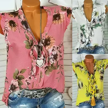 

New Summer Women Bohemian Flower Print Bow V Neck Sleeveless Blouse Loose Shirt