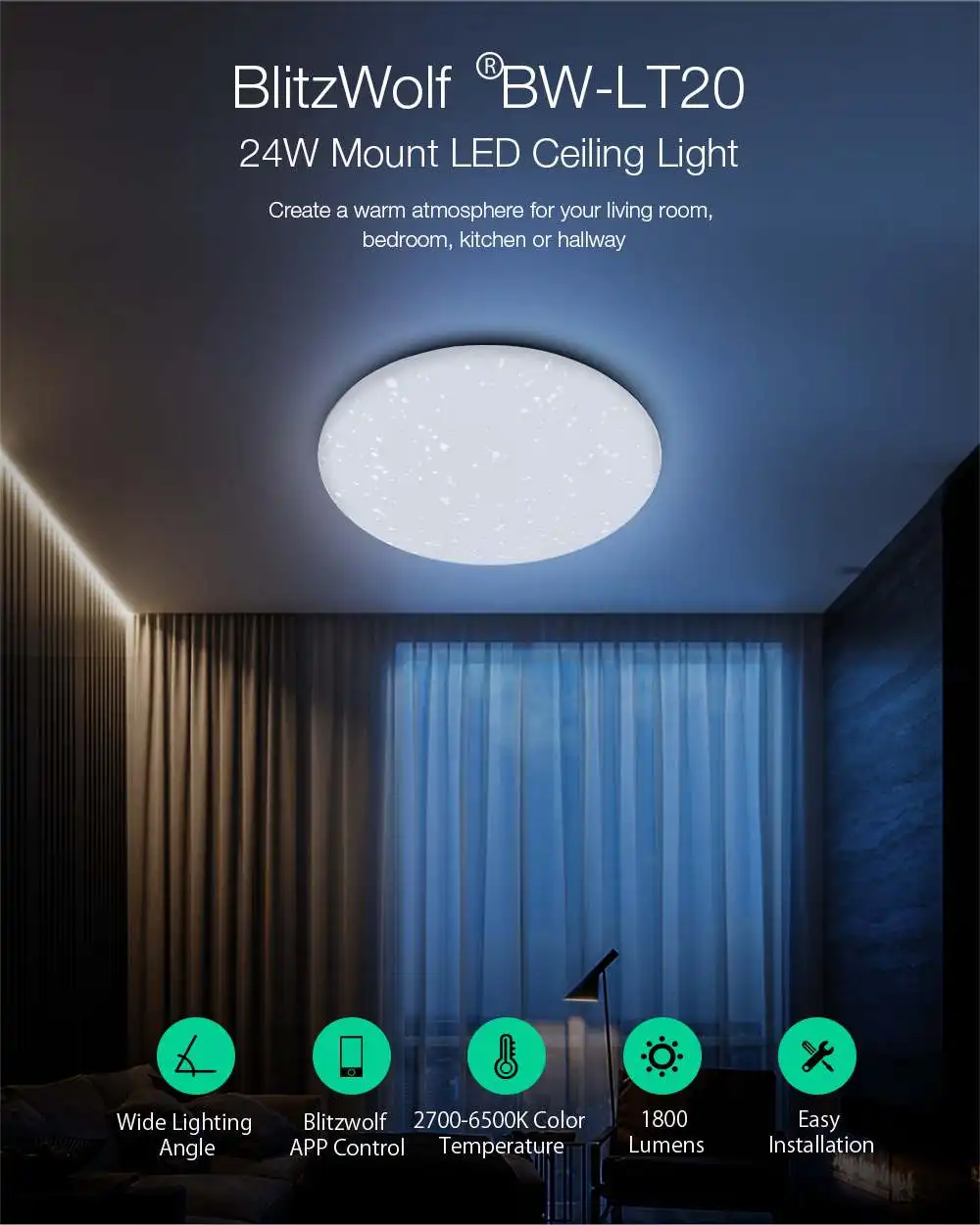 Blitzwolf BW-LT20 2700-6500K умный светодиодный ночной потолочный свет 24 Вт AC100-240V Wi-Fi приложение Управление работает с Amazon-Echo для Google Home