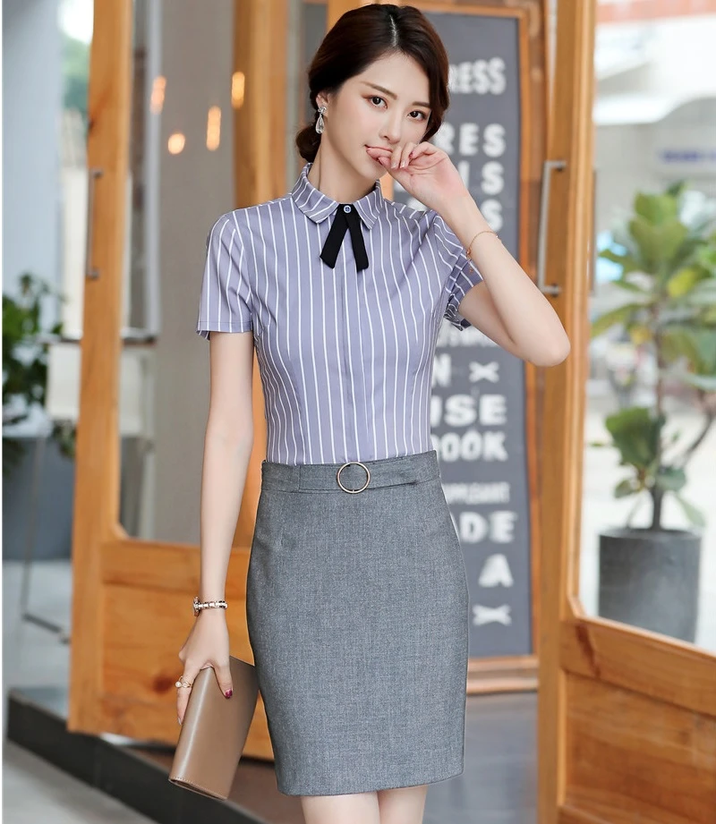 19 夏半袖スカートとブラウスを着用してくださいolスタイルオフィス服セットファッションストライプ Skirt Suits Aliexpress