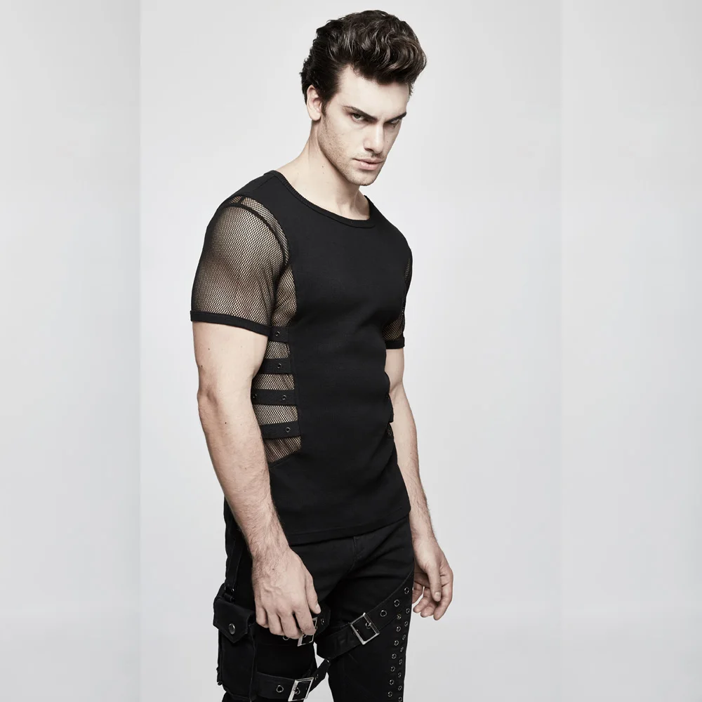 

Punk Rave Men Punk Style Black Mesh T-short Fashion Hollow Out with Straps Short Sleeves Summer Cool T-shirt