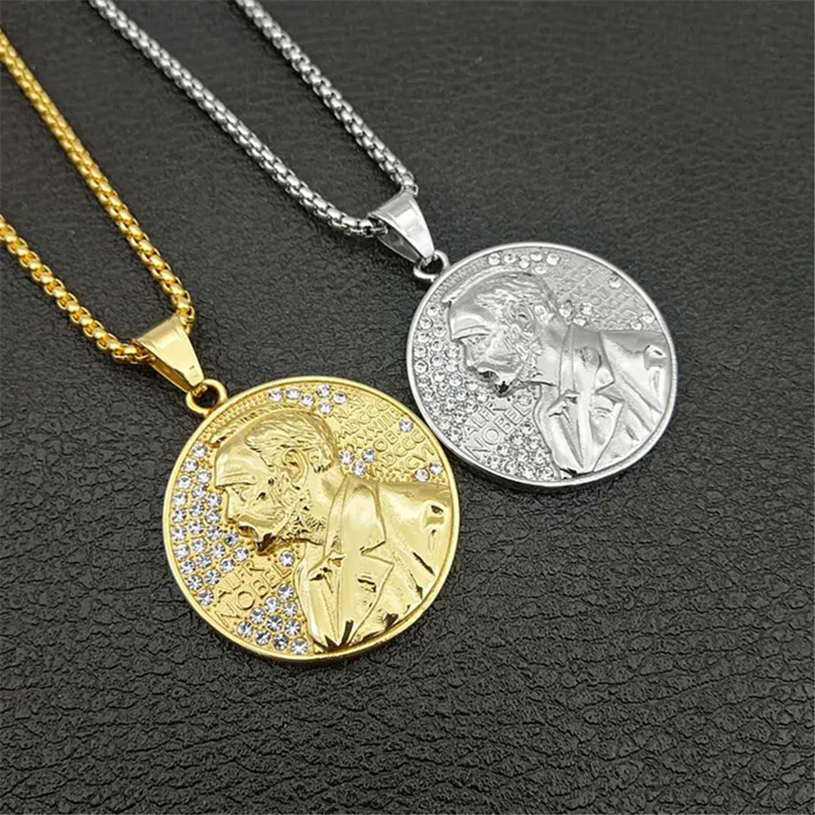 Iced Out Stainless Steel Lincoln Coin Pendant Necklace For Men Hip Hop