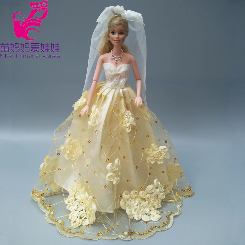 Золотого цвета платье невесты для куклы Барби цветок свадебное платье с вуалью Кукла аксессуар