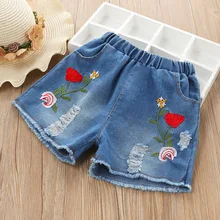Kids Girl Short Jeans Pants Summer Flower Embroidery Baby Girl Denim Shorts Ripped Jeans Korean Fashion Cotton Children Clothes