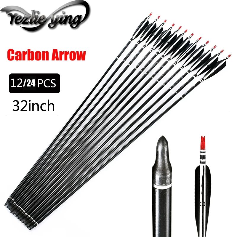 

12/24PCS Mixed Carbon Arrow Length 32 Inch Spine 500 Black and White Feather Recurve Bow/Compound Bow Archery Hunting