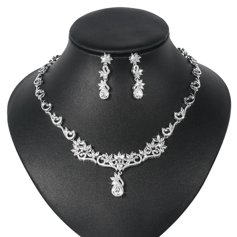 

WEIMANJINGDIAN Flower and Teardrop Cubic Zirconia CZ Crystal Wedding Bridal Jewelry Set in Rhodium Silver Color Plated