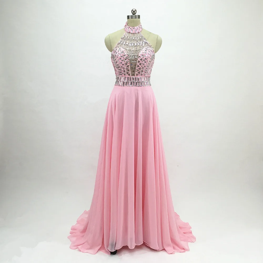

2020 New Design Long Prom Dresses Chiffon Beaded Top Tank Sleeveless New Formal Evening Dress For Party Gowns Halter Blush Pink