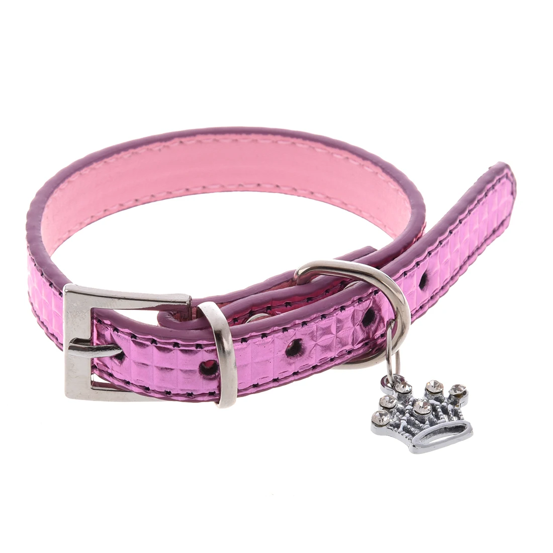 Dog Pet Puppy Collar PU Leather Adjustable Crown Charm Pendant Pink XS
