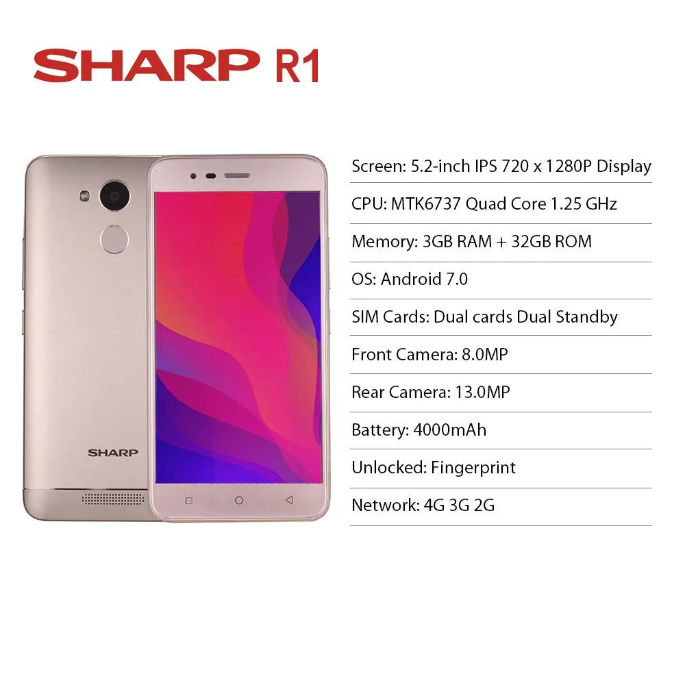 Мобильный телефон Sharp R1 MT6737, четырехъядерный, 5,2 дюймов, 1280x720 P, соотношение 16:9, смартфон, 4000 мА/ч, 3 Гб ram, 32 ГБ rom, мобильный телефон Android