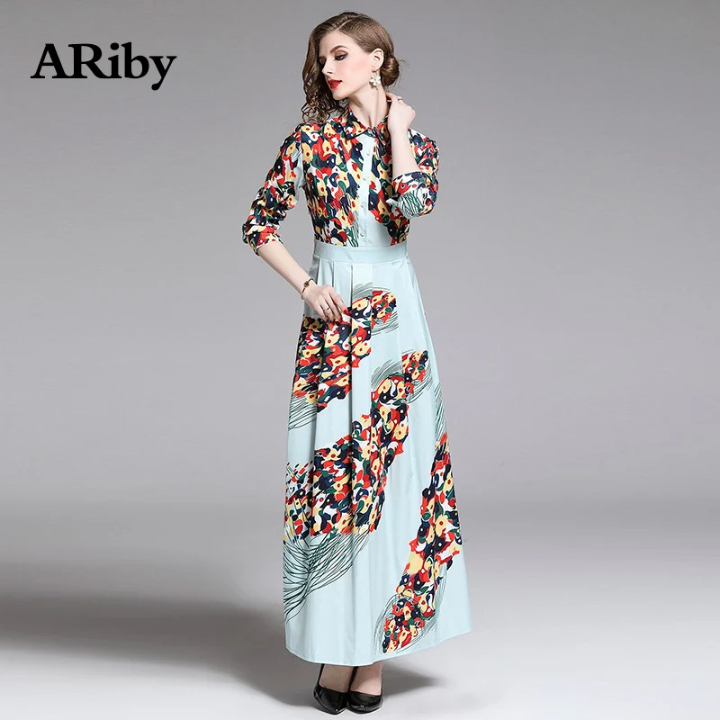 Turn-down Collar Dress Women Long Maxi Dress 2019 Spring/summer New Fashion Vintage Patchwork Print A-Line Slim Dress Vestidos